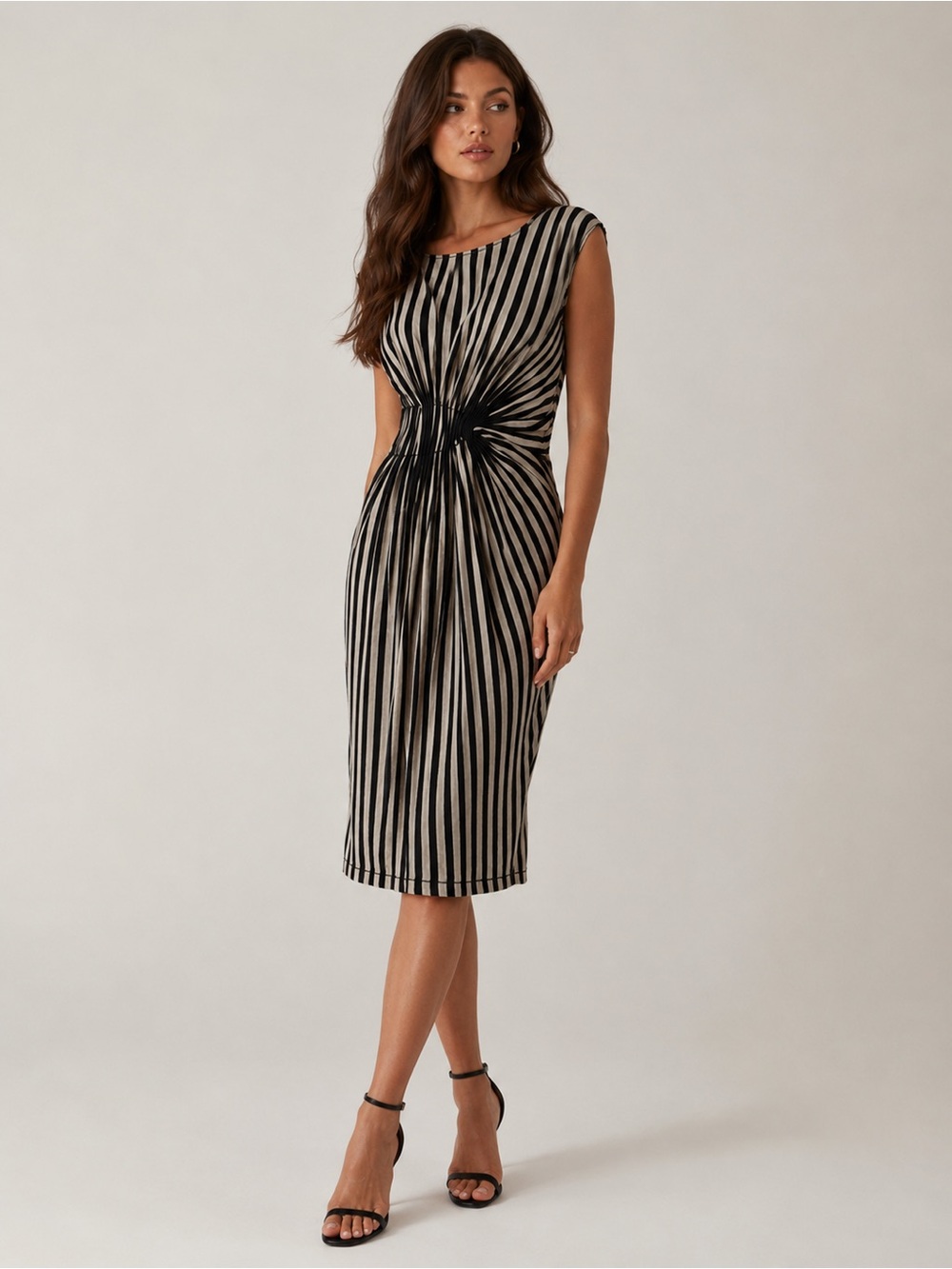 Max Studio Black Beige Striped Ruched Midi Dress Size L